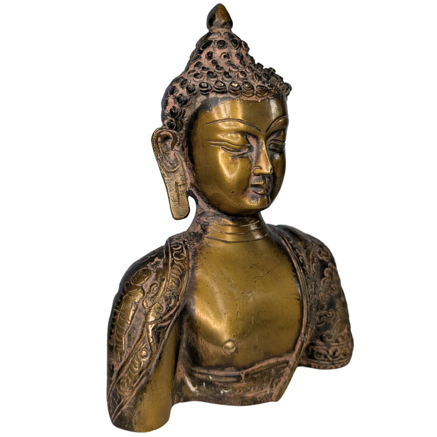 Detail of the unique hand-engraved narrative scenes on the back of the bronze bust.