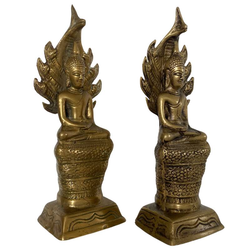 Set of Buddha statues with naga, brass, Thailand, Laos meditation