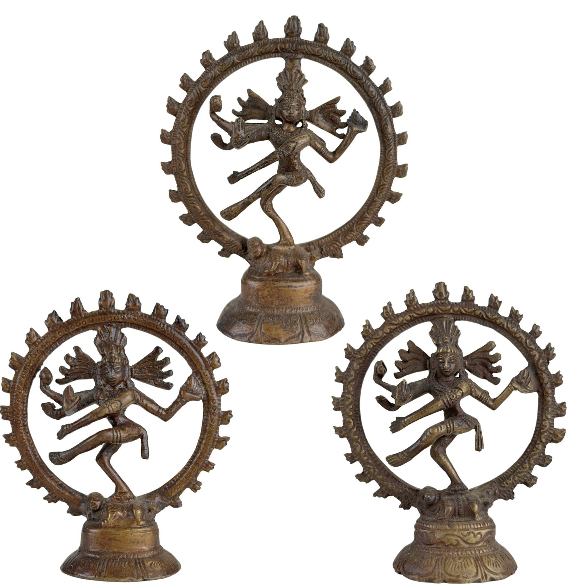 Set of 3 small bronze Shiva Nataraja statues from India with cosmic dance and halo of flames