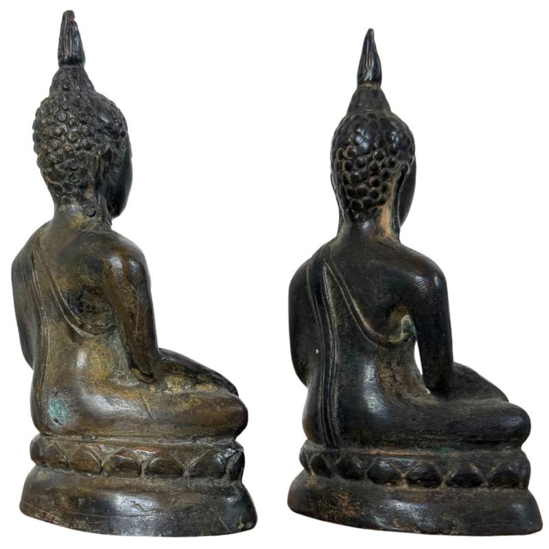 Set of two hand-cast bronze Buddhas, antique Thailand