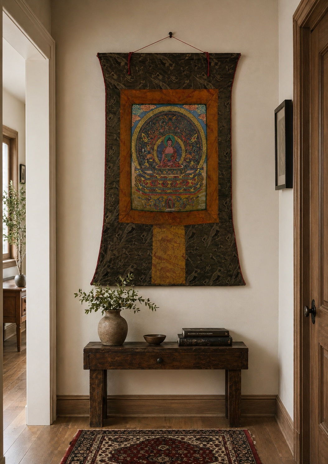 Full front of the vintage Shakyamuni Buddha Thangka from the 1970s (76x54 cm)