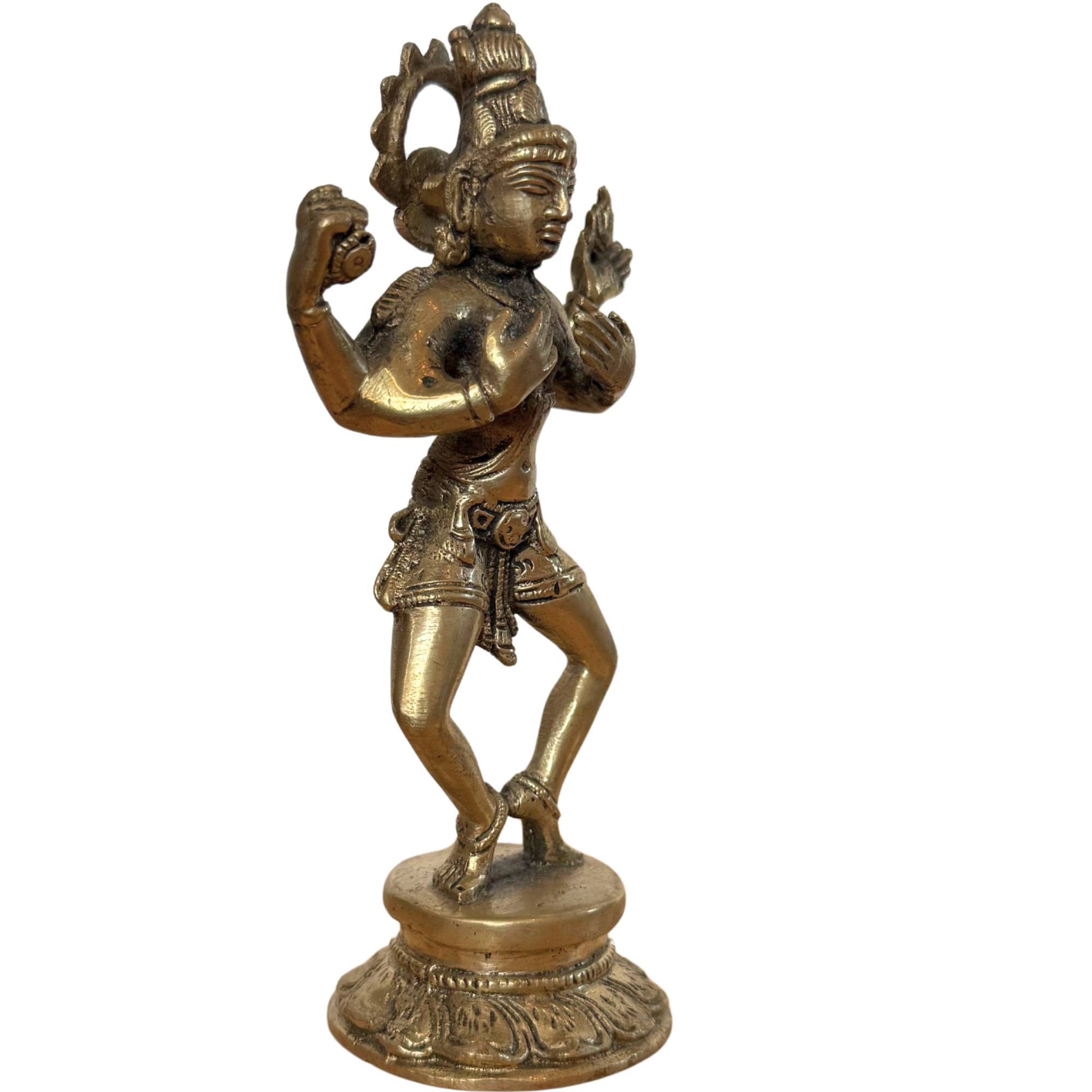Three-quarter view of the bronze Shiva, showing the dynamic movement of the dance.