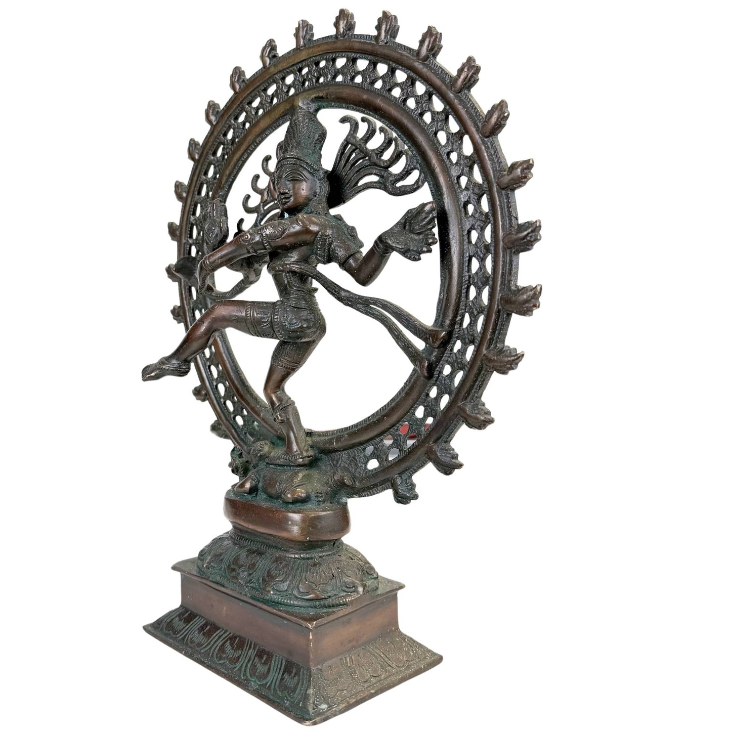 Shiva as a dancing god in bronze with cosmic ring, old patina and powerful Hindu temple appearance