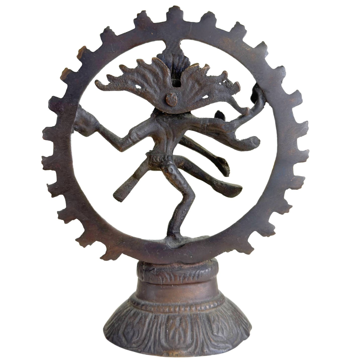 Shiva Nataraja figurine from India on a lotus base with a compact temple shape