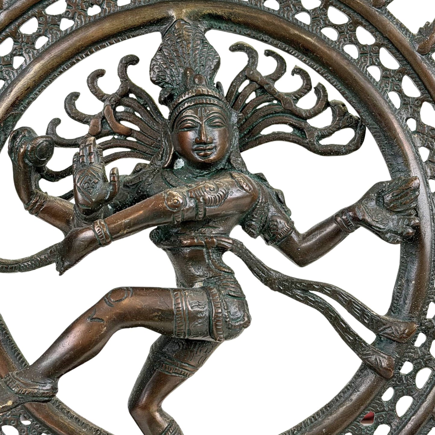 Antique bronze Shiva Nataraja with openwork flame ring, temple patina, and classical dance pose