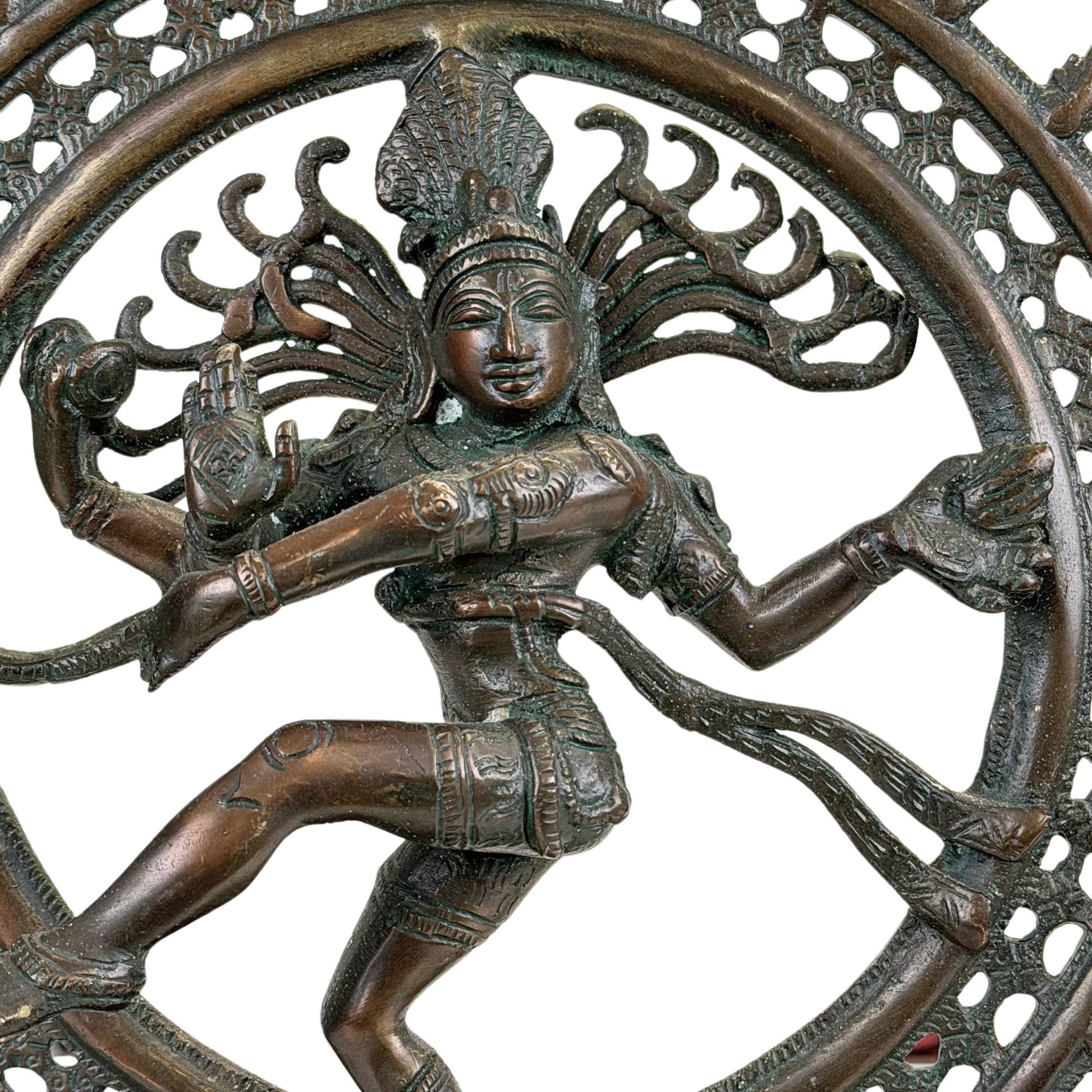 Antique bronze Shiva Nataraja with openwork flame ring, temple patina, and classical dance pose
