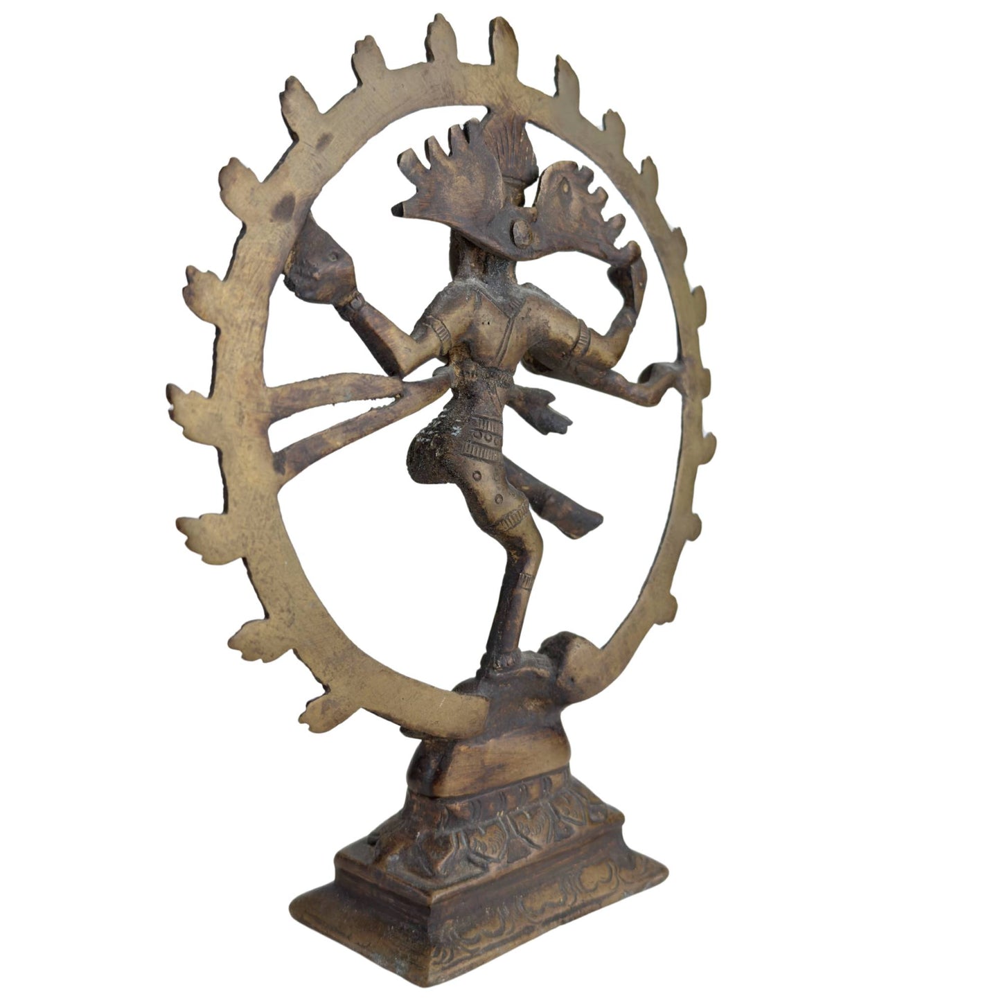 Side view of bronze Shiva Nataraja sculpture with dark finish