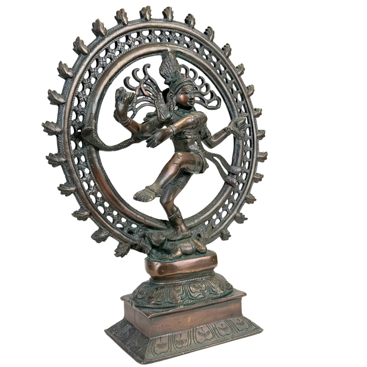 Shiva Nataraja bronze statue with cosmic fire ring, dancing pose and demon under the foot