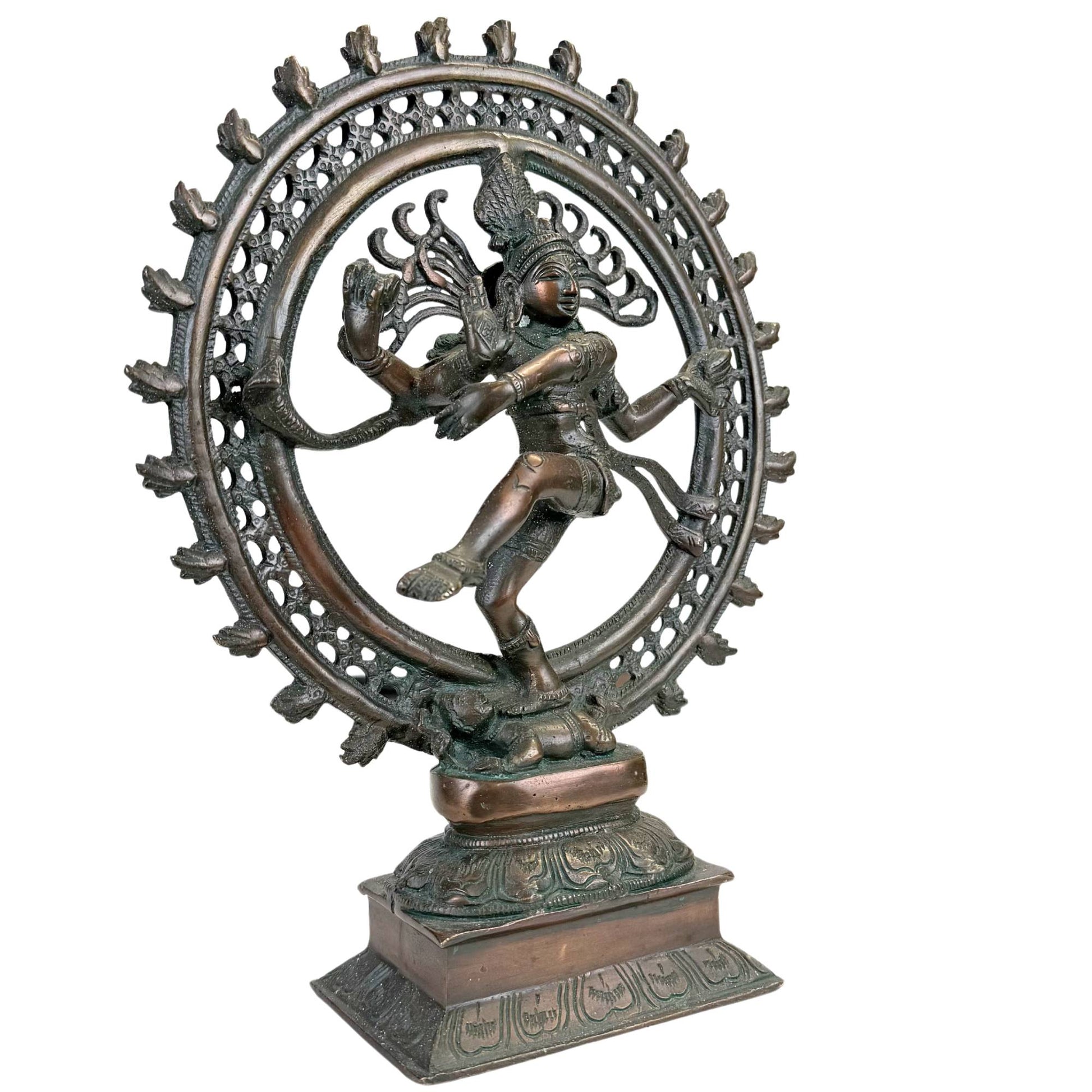 Shiva Nataraja bronze statue with cosmic fire ring, dancing pose and demon under the foot