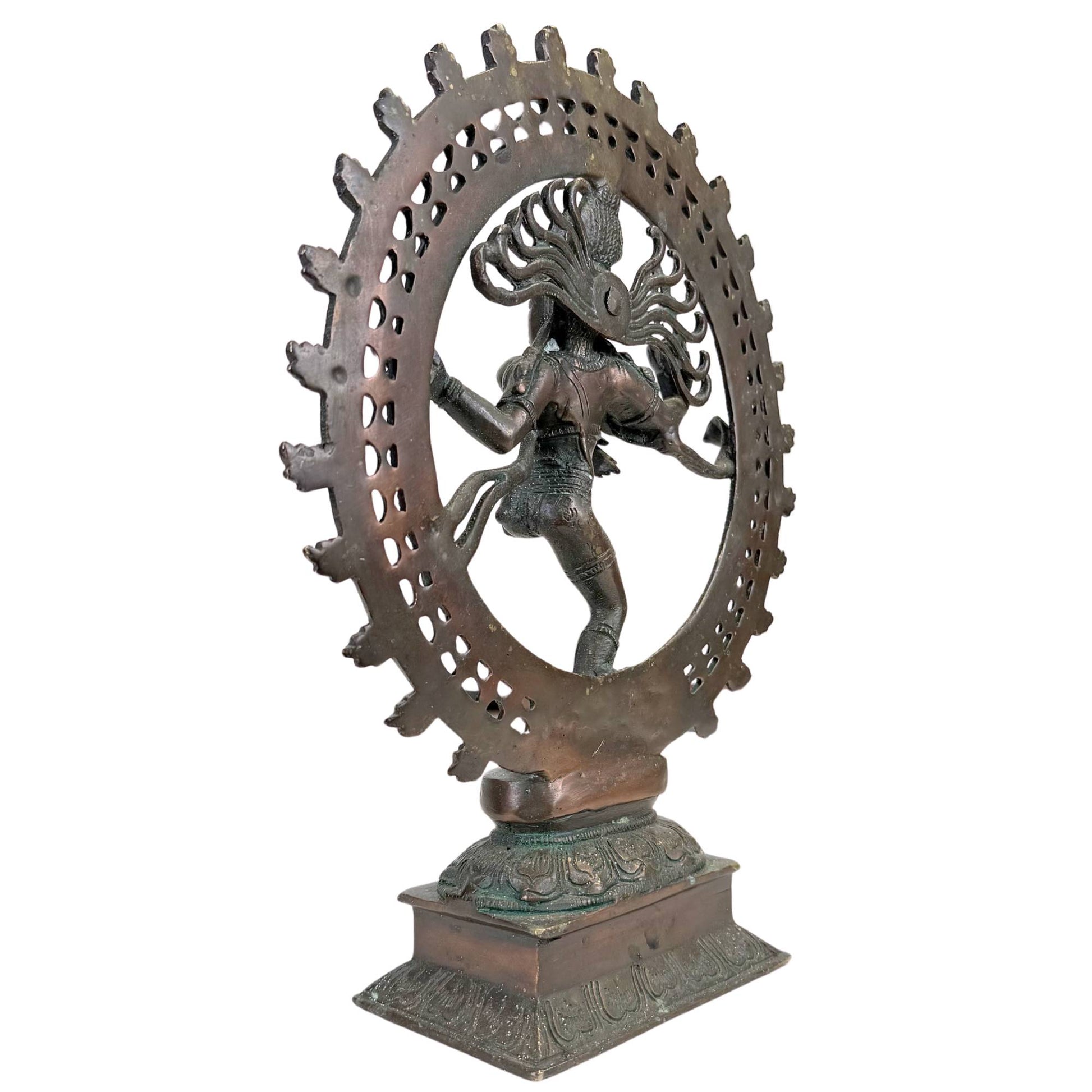 Shiva Nataraja bronze statue with hand mudras, multiple arms, graceful crown, and sacred dance within the halo.
