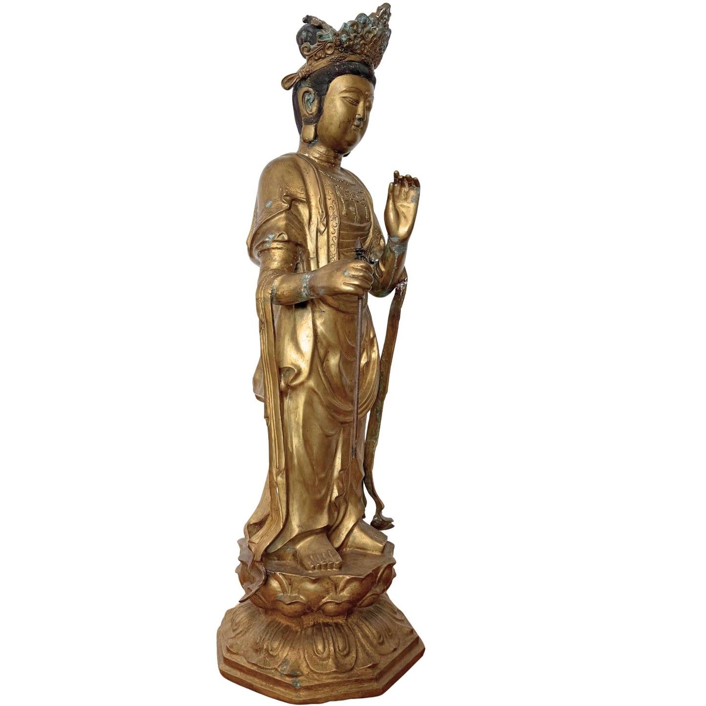 Left side view of the Sho-Kannon, showing the mudra position of the hand and the refined engraving of the garment hem.