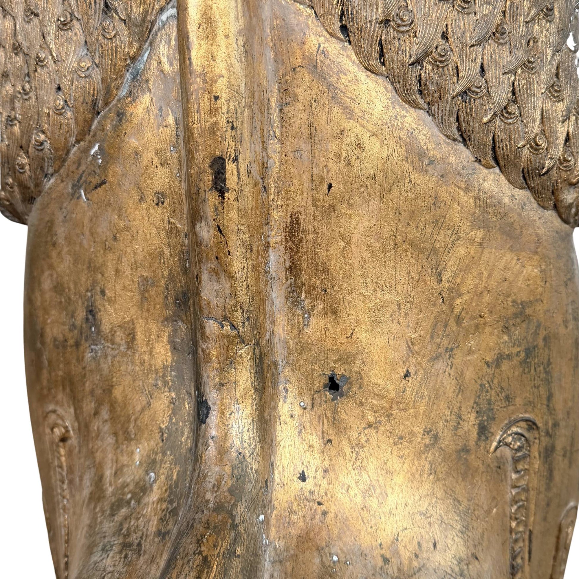 Siamese Buddhist temple lion, antique gilded Singha with powerful ritual protective symbolism 18th century
holes in the bronze