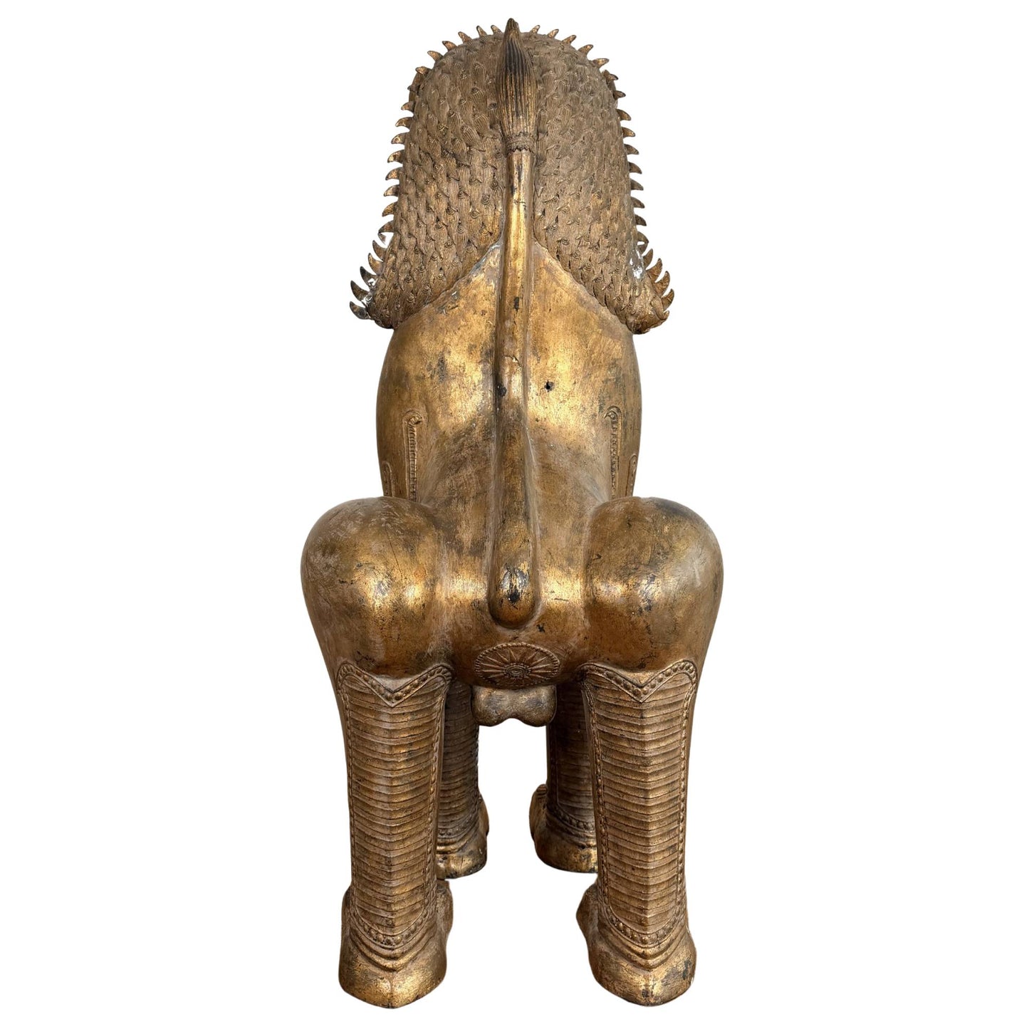 Siamese temple guardian with old gilding, monumental Singha lion with powerful ritual significance