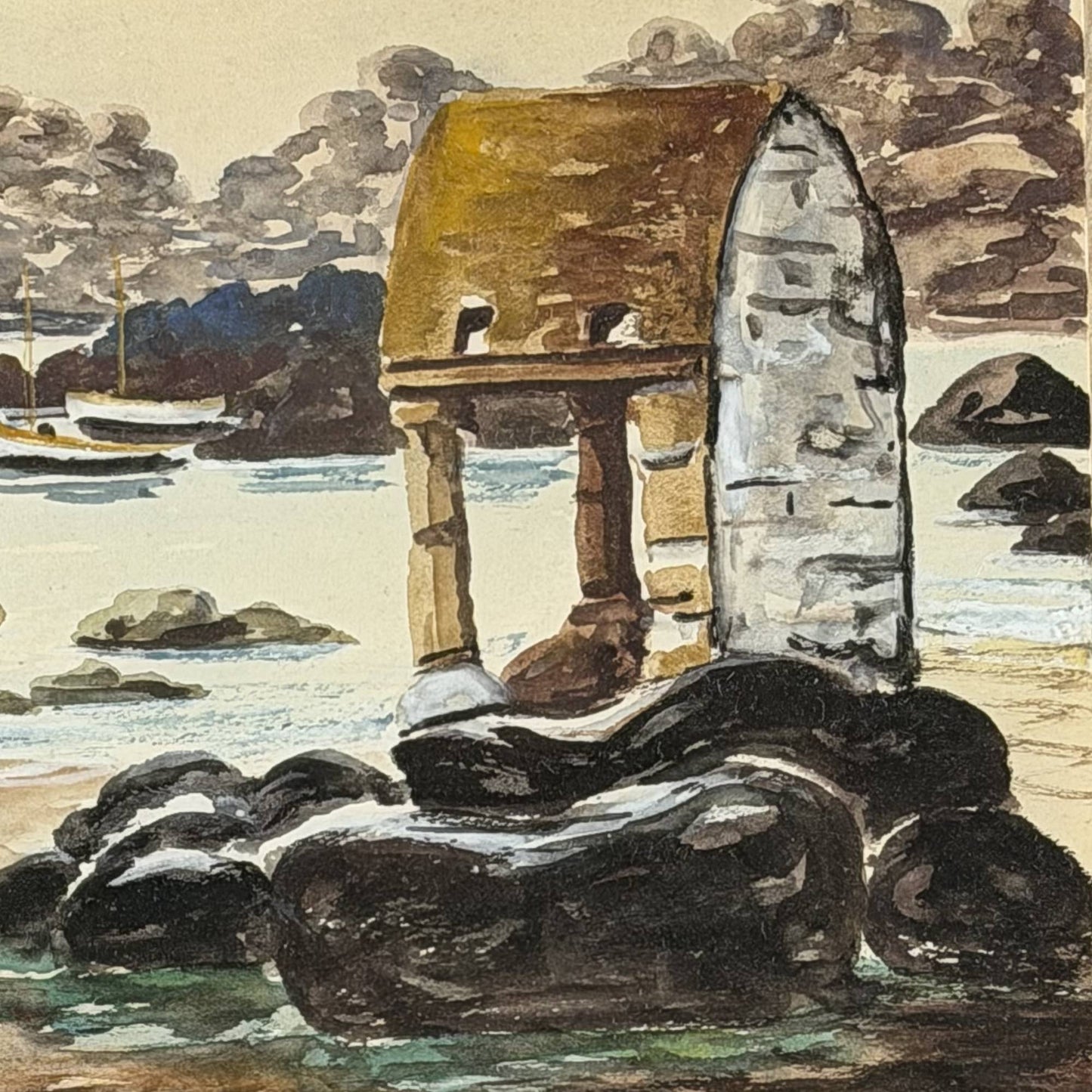 Close-up of the original signature of the French painter R. Blossier and the location designation Ploumanac'h on the antique watercolor.