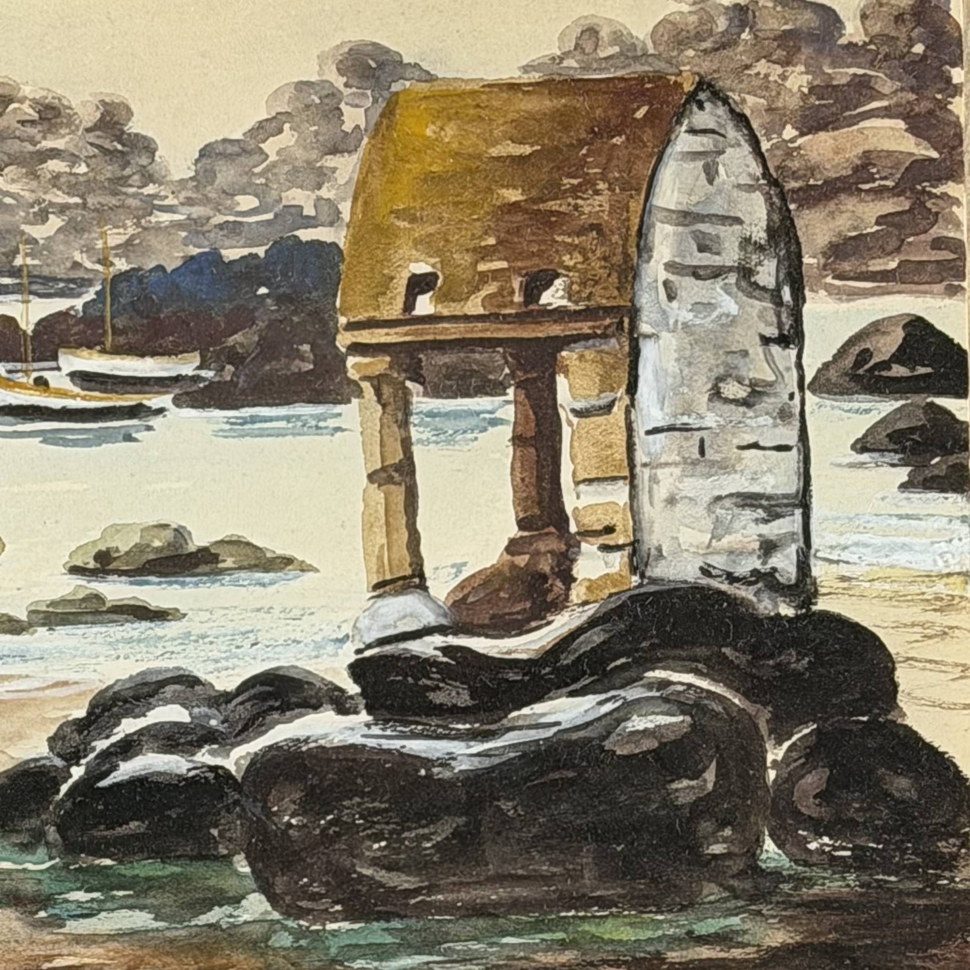 Close-up of the original signature of the French painter R. Blossier and the location designation Ploumanac'h on the antique watercolor.