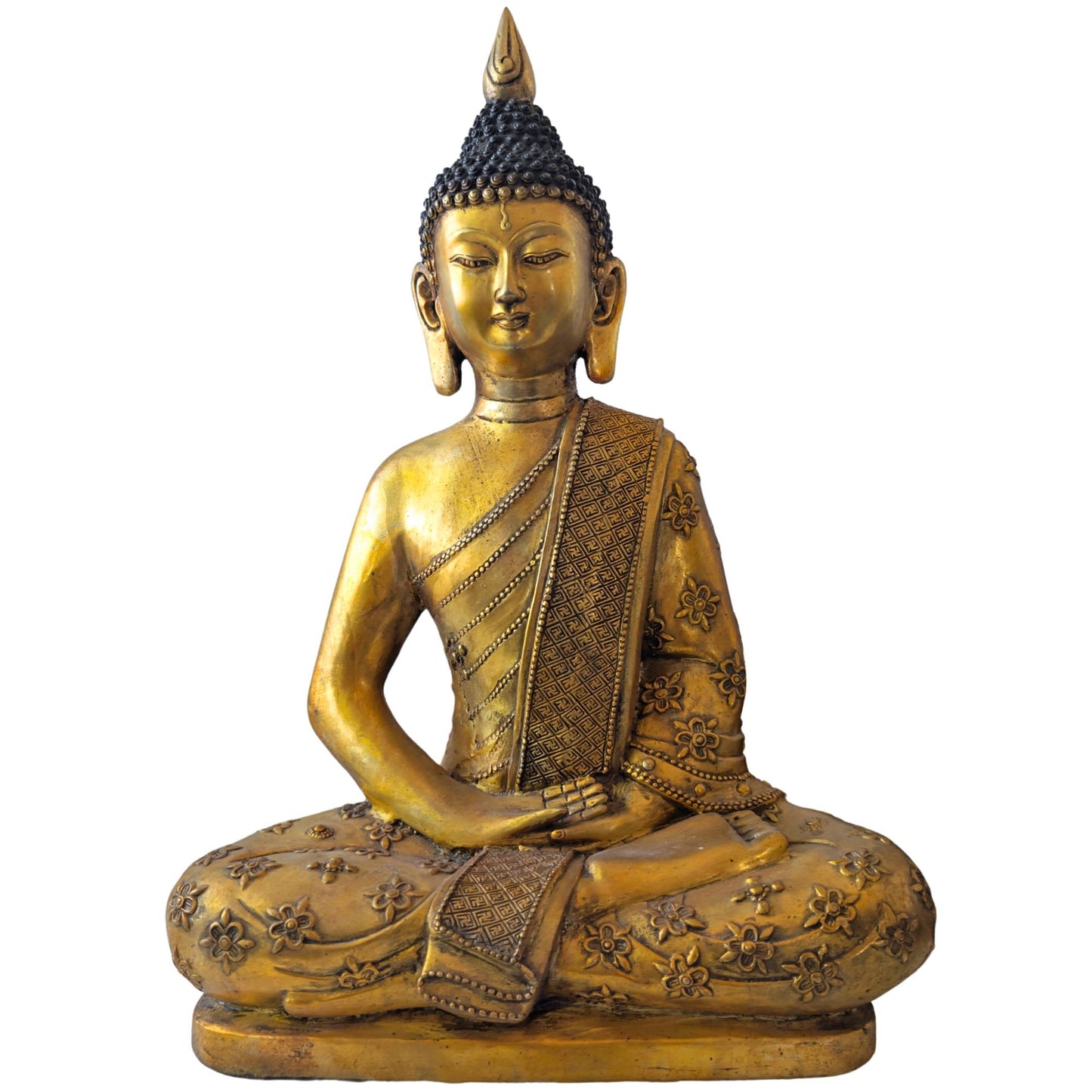 Bronze Sino-Tibetan Buddha in the Dhyana Mudra meditation posture with a richly decorated robe.