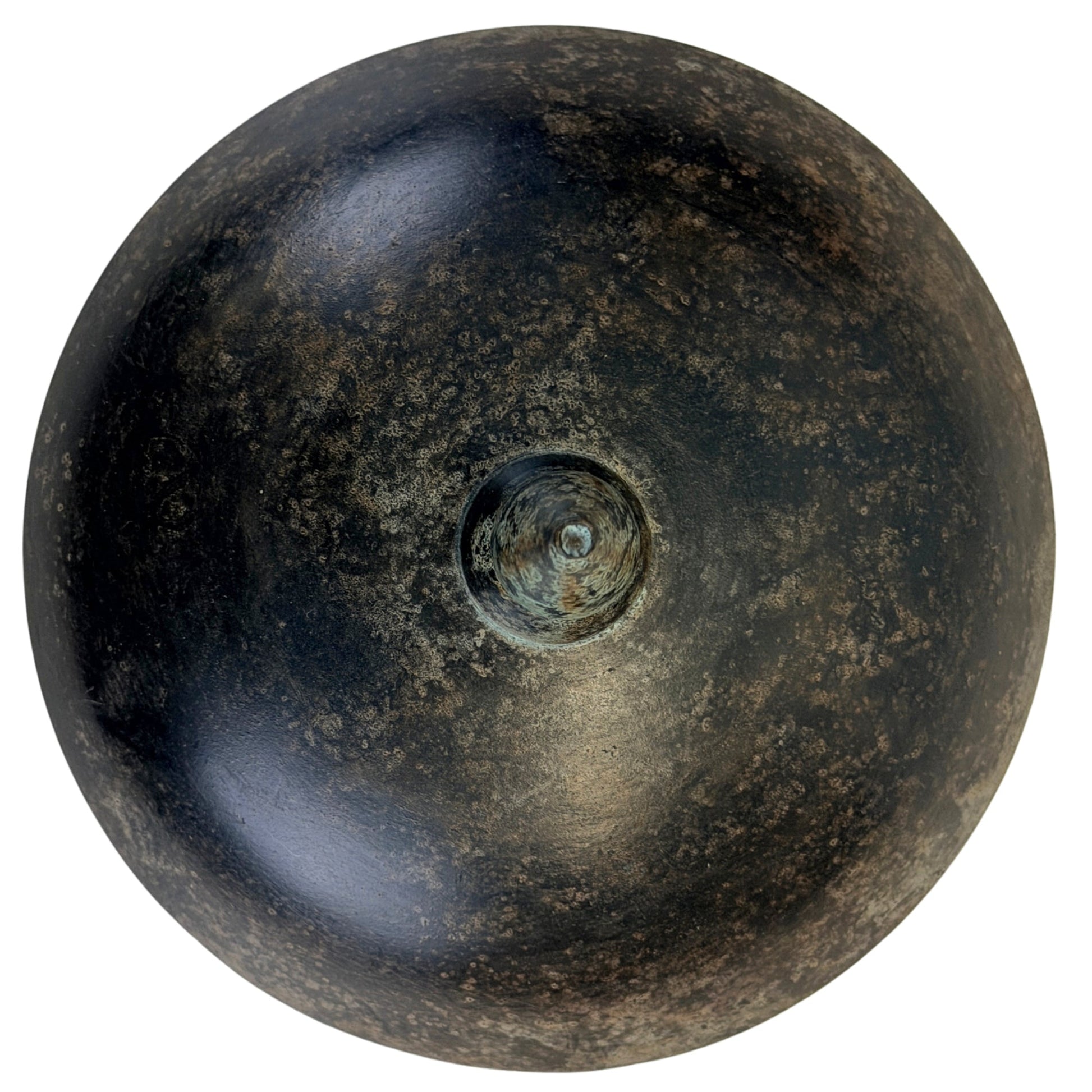 Top view of domed cover B with mottled aged patina and central finial