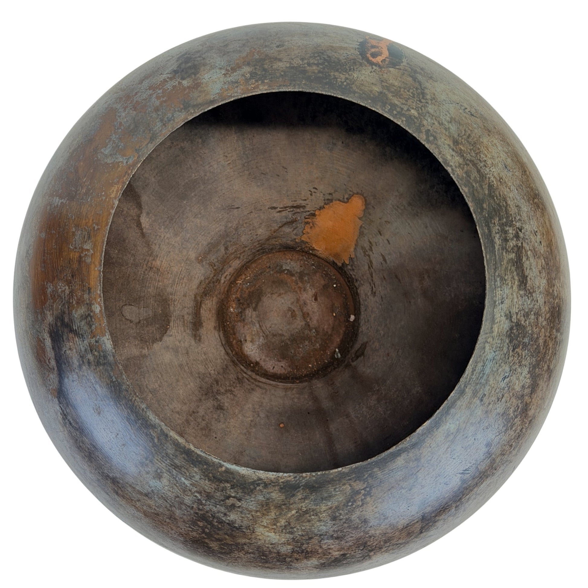 Interior of Indian bronze vessel A with visible oxidation and signs of use