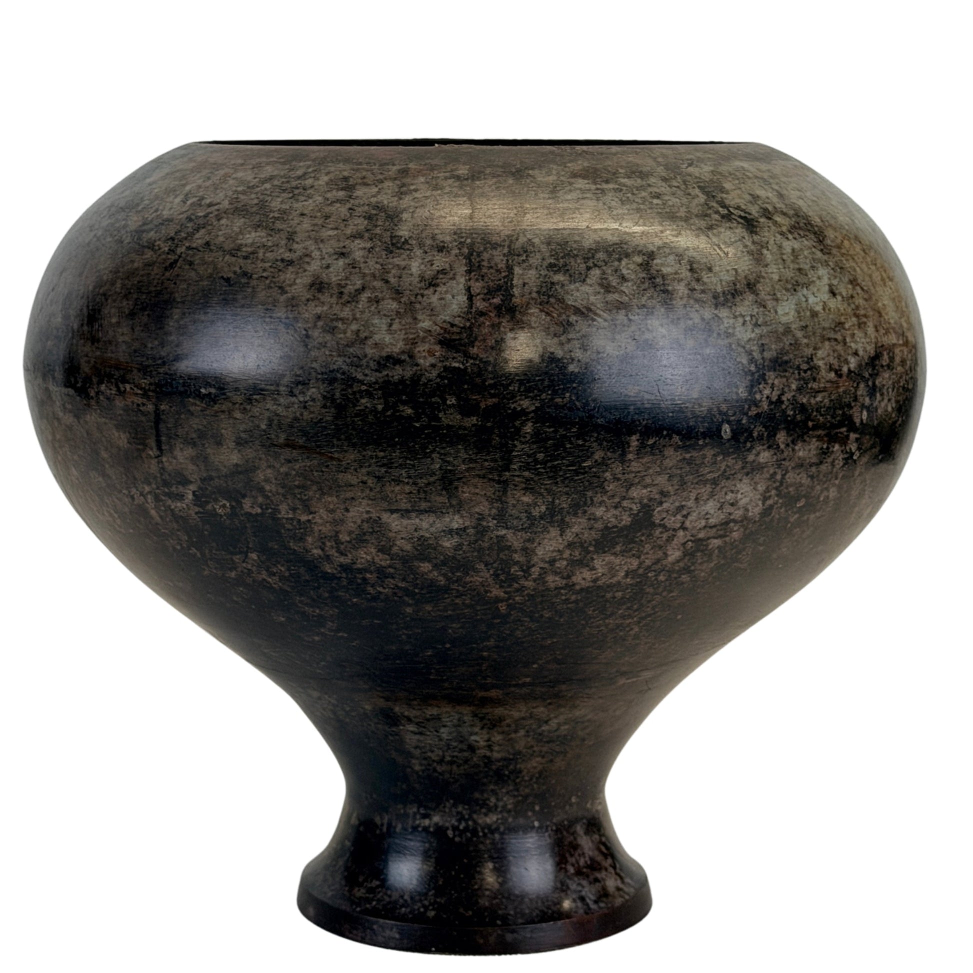 Bronze vessel B without its cover, showing the hand-fashioned form and dark patina