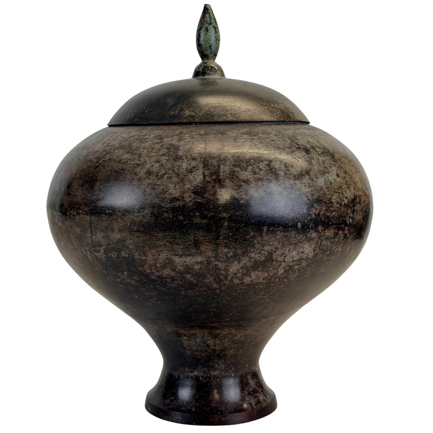 Indian bronze covered vessel B with domed cover, lotus bud finial and variegated patina