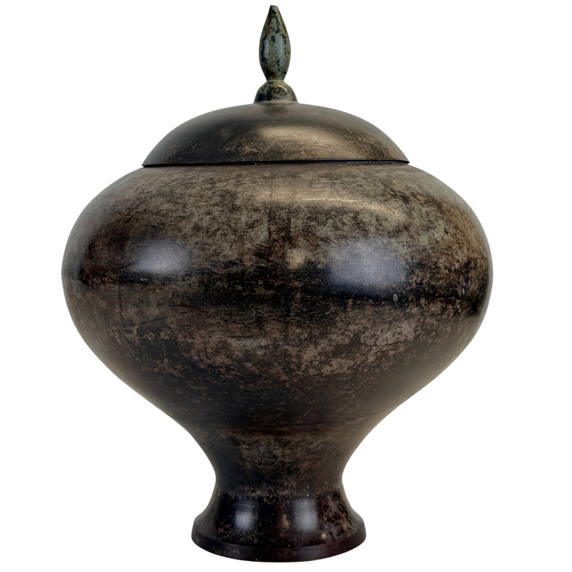 Indian bronze covered vessel B with domed cover, lotus bud finial and variegated patina