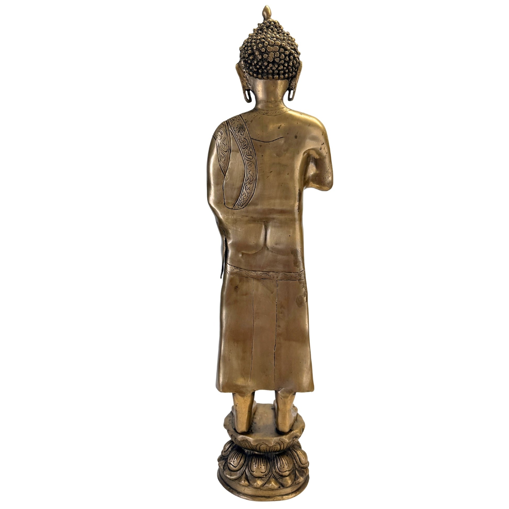 Bouddha debout en bronze, vue arrière complète sur socle en lotus – SKU 736