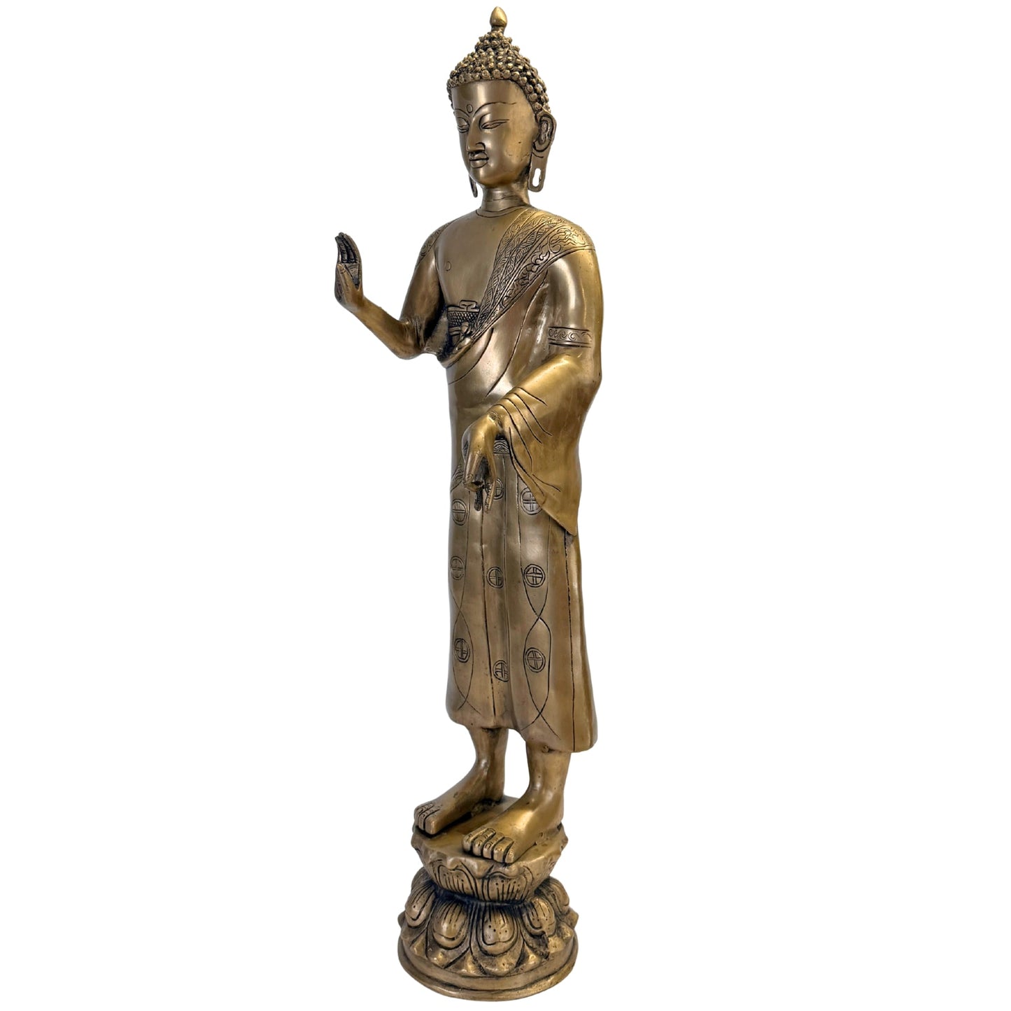 Bouddha debout en bronze, vue de face de trois quarts sur socle en lotus – SKU 736