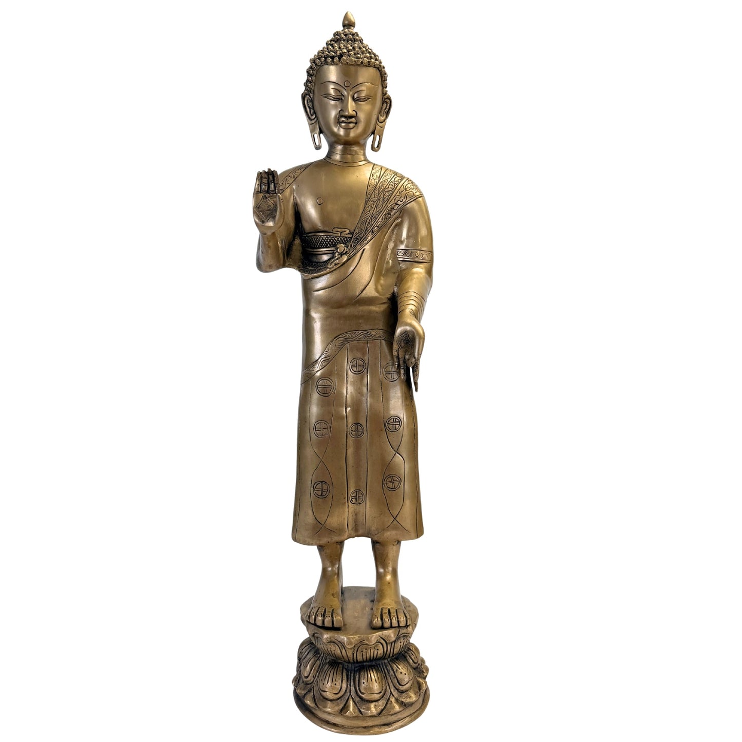 Bouddha debout en bronze sur socle en lotus, vue complète de face – SKU 736