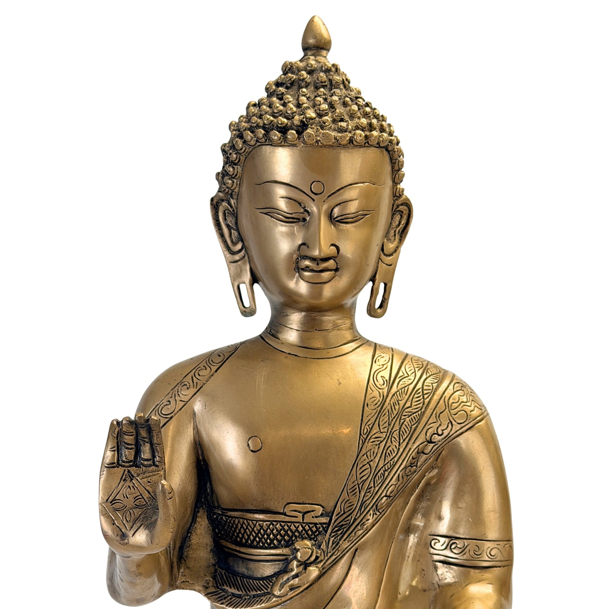 Gros plan du visage serein du Bouddha et de la paume gravée – SKU 736