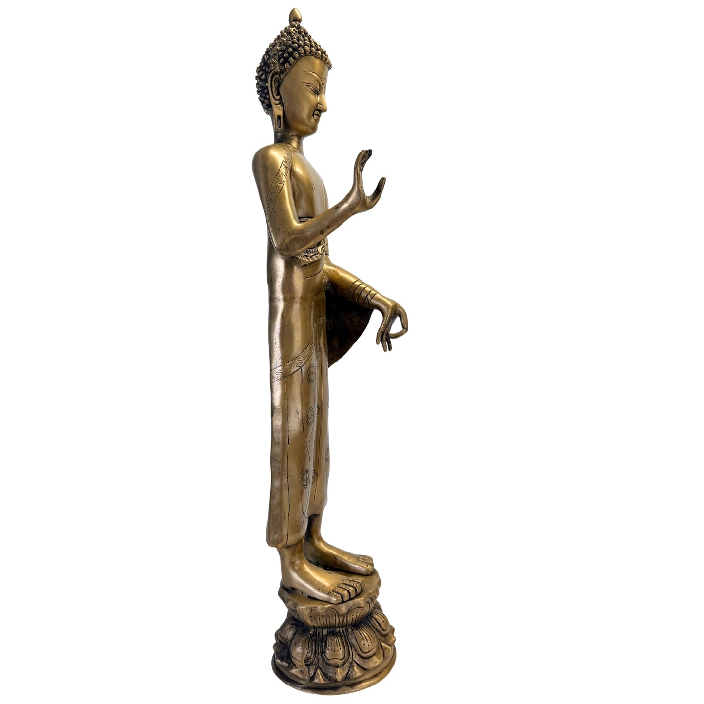 Bouddha debout en bronze, vue latérale droite avec gestes des mains – SKU 736