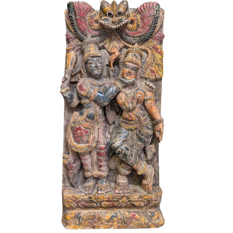 South Indian temple panel Vishnu Lakshmi teak wood polychrome relief
