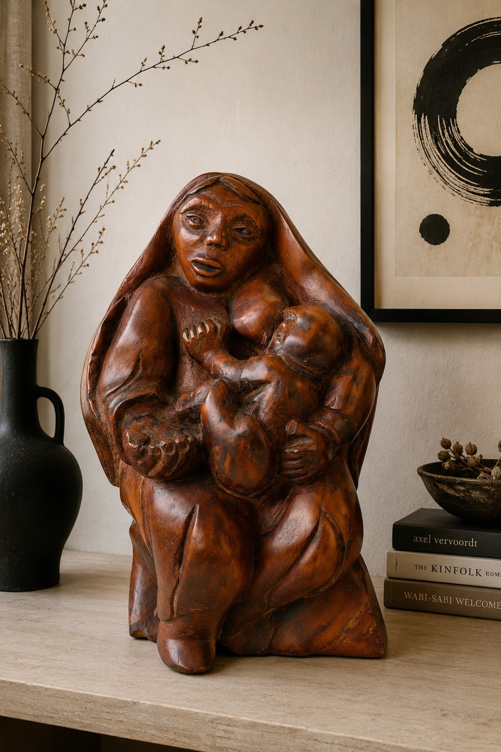 Spiritual wooden Madonna statue with a powerful presence
