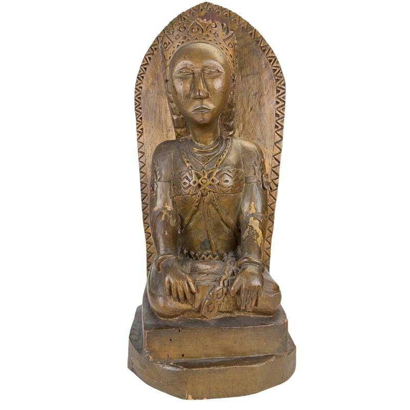 Sri Devi wooden temple figure with gilding in a niche from Southeast Asia