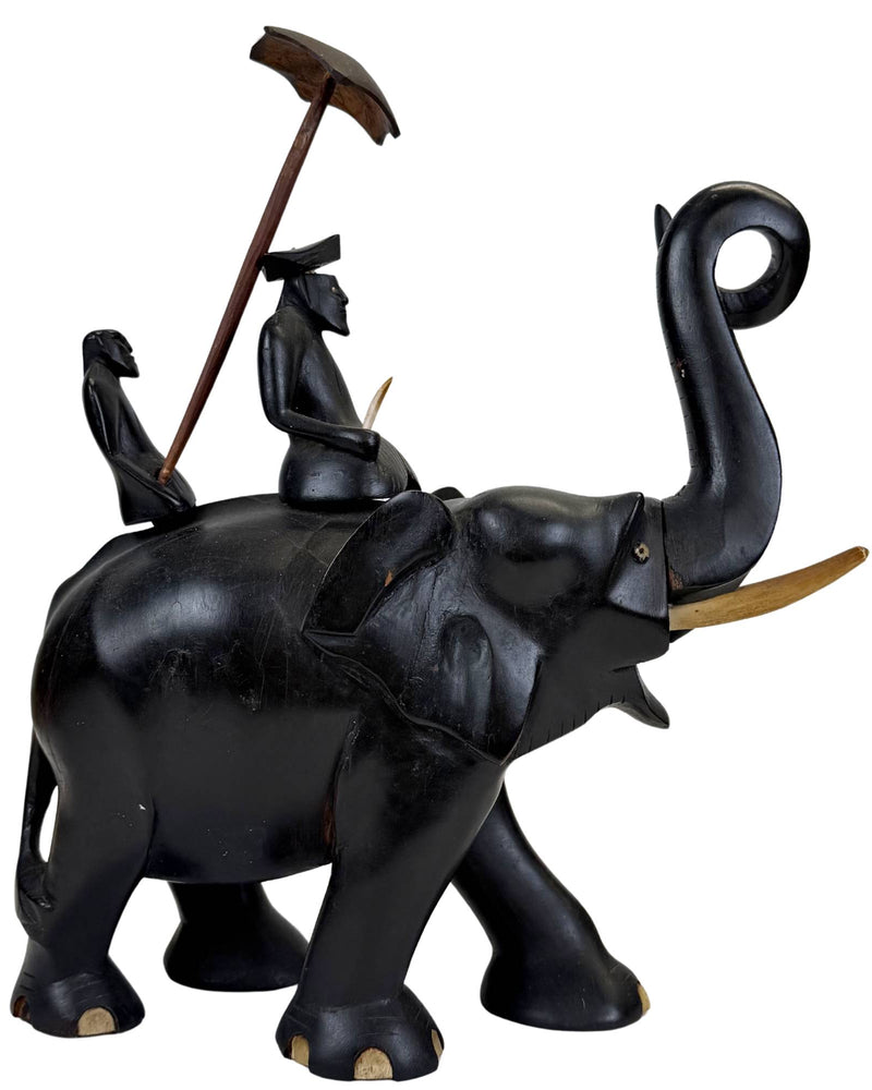 Statue d'éléphant en ébène de style colonial avec boiseries en acajou – Sculpture asiatique sculptée à la main – 32 cm