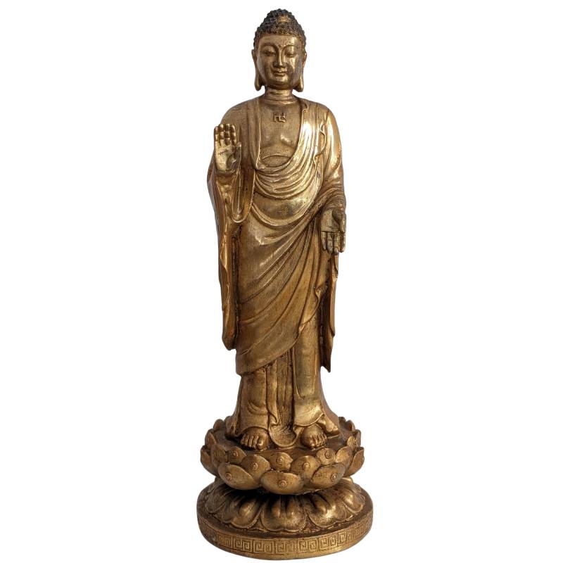 Standing Chinese gilded bronze Buddha statue in Abhaya mudra, 19th–early 20th century