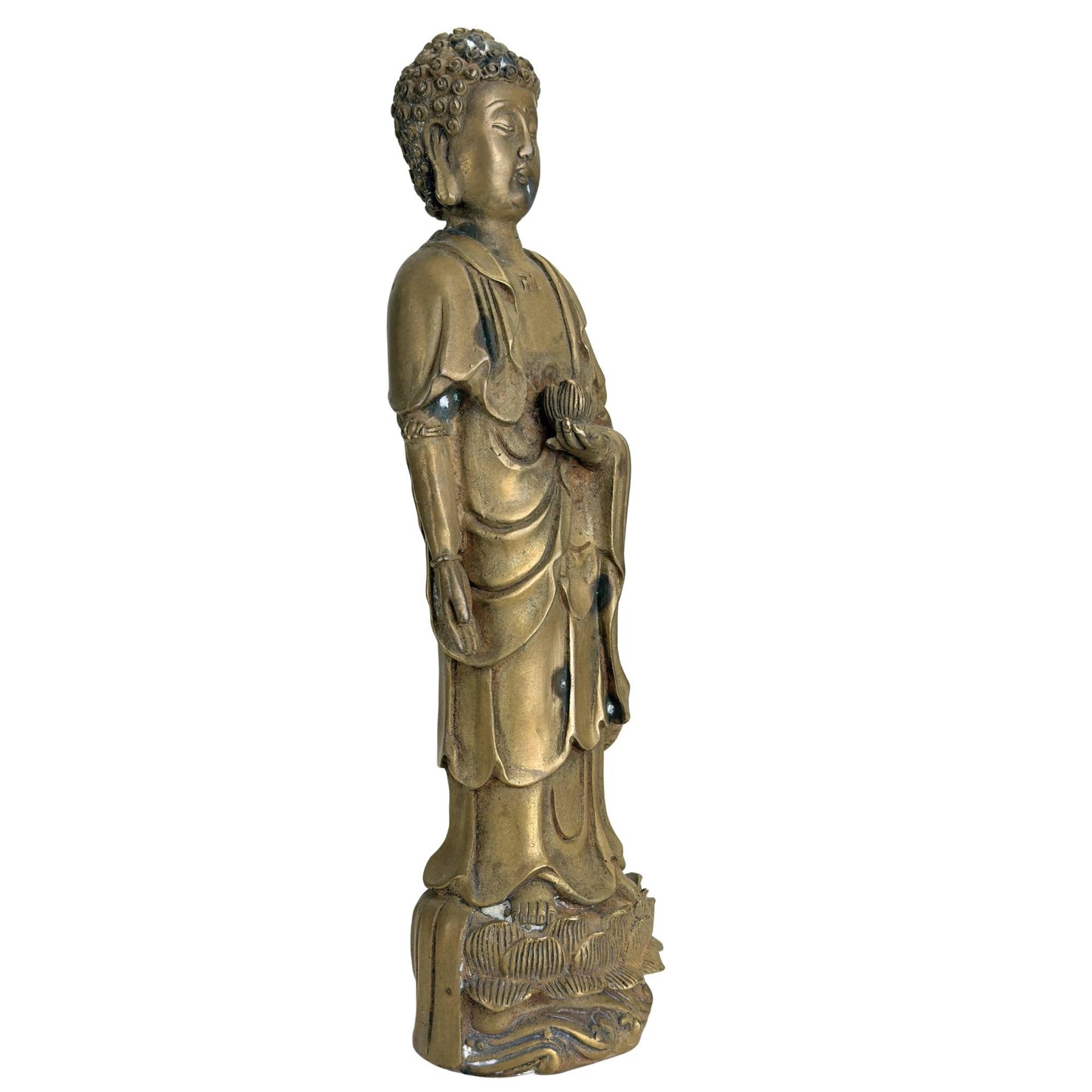 Standing Amitabha Buddha in bronze on a lotus pedestal, Chinese spiritual statue with old patina