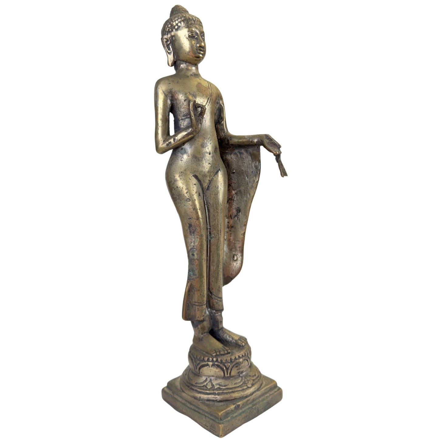 Standing Thai Buddha of bronze with the hand gesture for fearlessness.