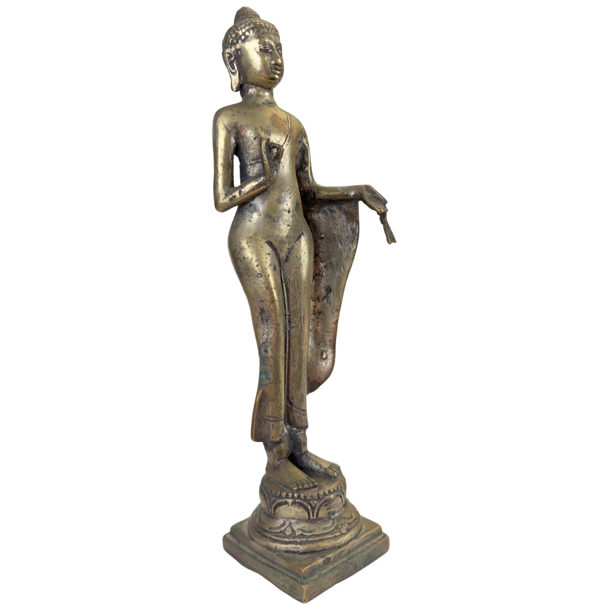 Standing Thai Buddha of bronze with the hand gesture for fearlessness.