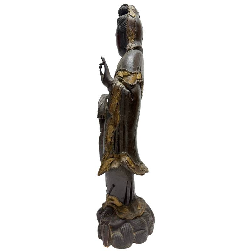 Standing Guanyin Avalokiteshvara wooden statue with natural patina and wear, Chinese Buddhist heritage