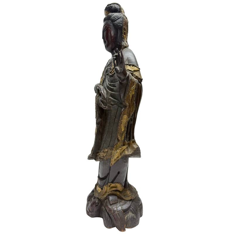 Standing Guanyin Avalokiteshvara wooden statue with a serene facial expression and remnants of gilding, Qing dynasty