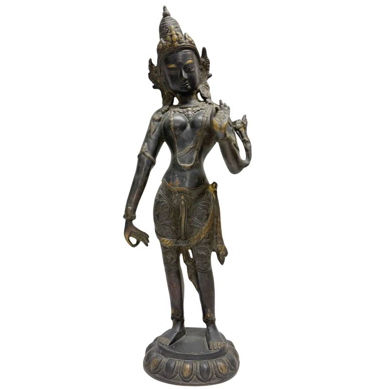 Standing Tara in bronze, Buddhist statue from the Himalayas, 18th–19th century, with natural patina and signs of use