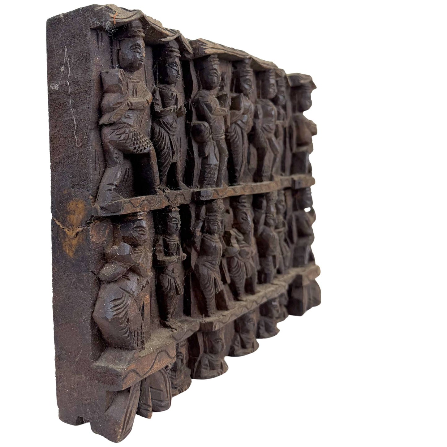 Close-up of the corner of the temple frieze with the weathered wood structure and authentic weathered patina.