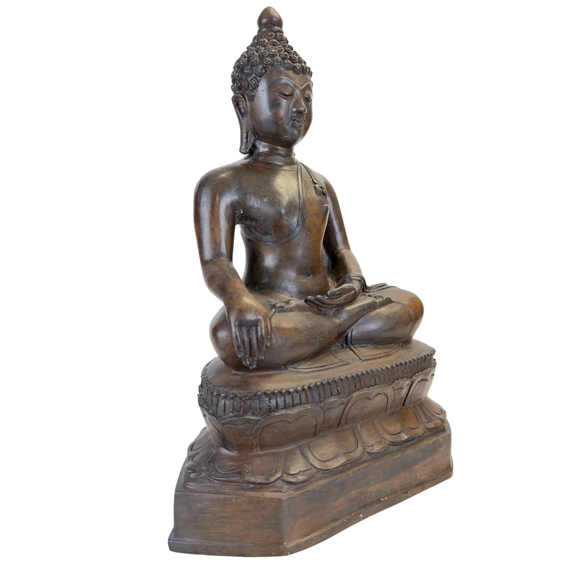 Front view of the antique Thai Buddha with a deep dark patina.