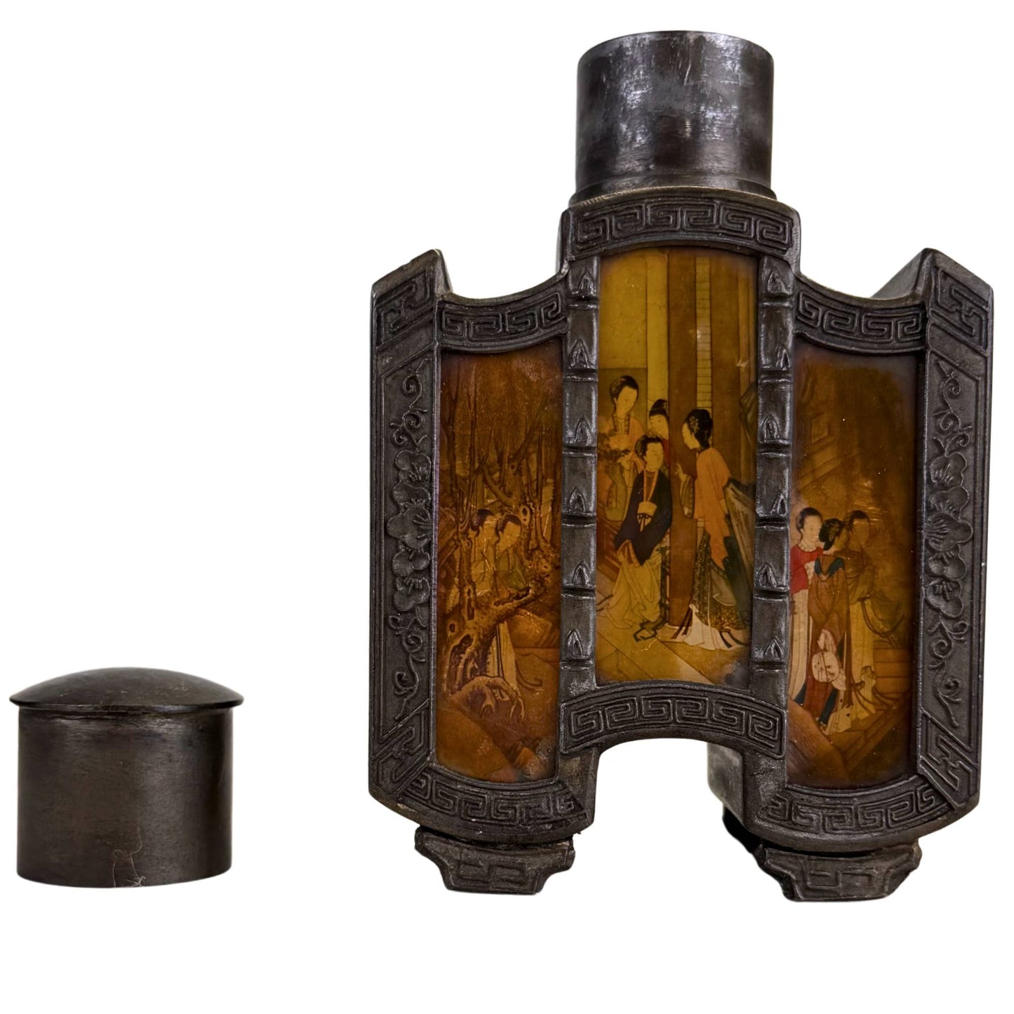 Swatow pewter tea set with old paintings and dark oxidation