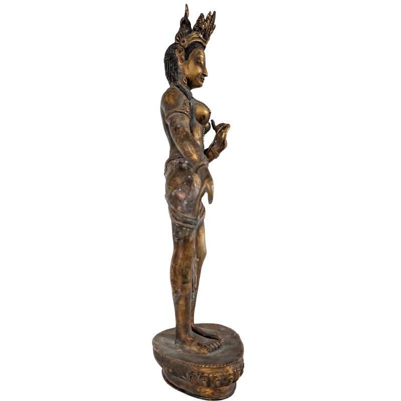Tara statue Nepal bronze sculpture fire-gilded with utpala lotus varada mudra old patina