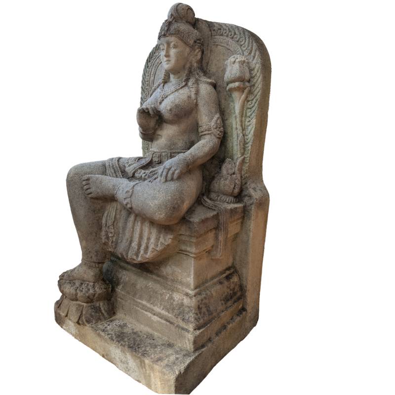 Goddess Tara in Lalitasana pose, hand-carved sandstone, Indonesia