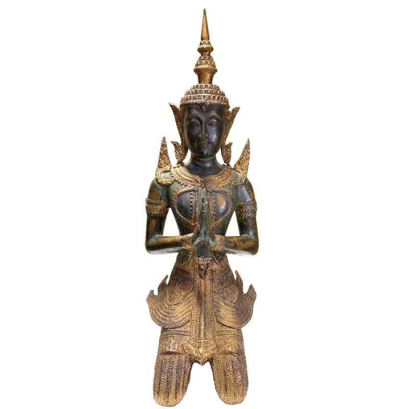 Antique pair of Thai bronze temple guardians with traditional design