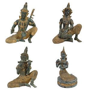 Musiciens et danseurs de temple thaïlandais en bronze – Ensemble de 4 sculptures – 2,4 kg
