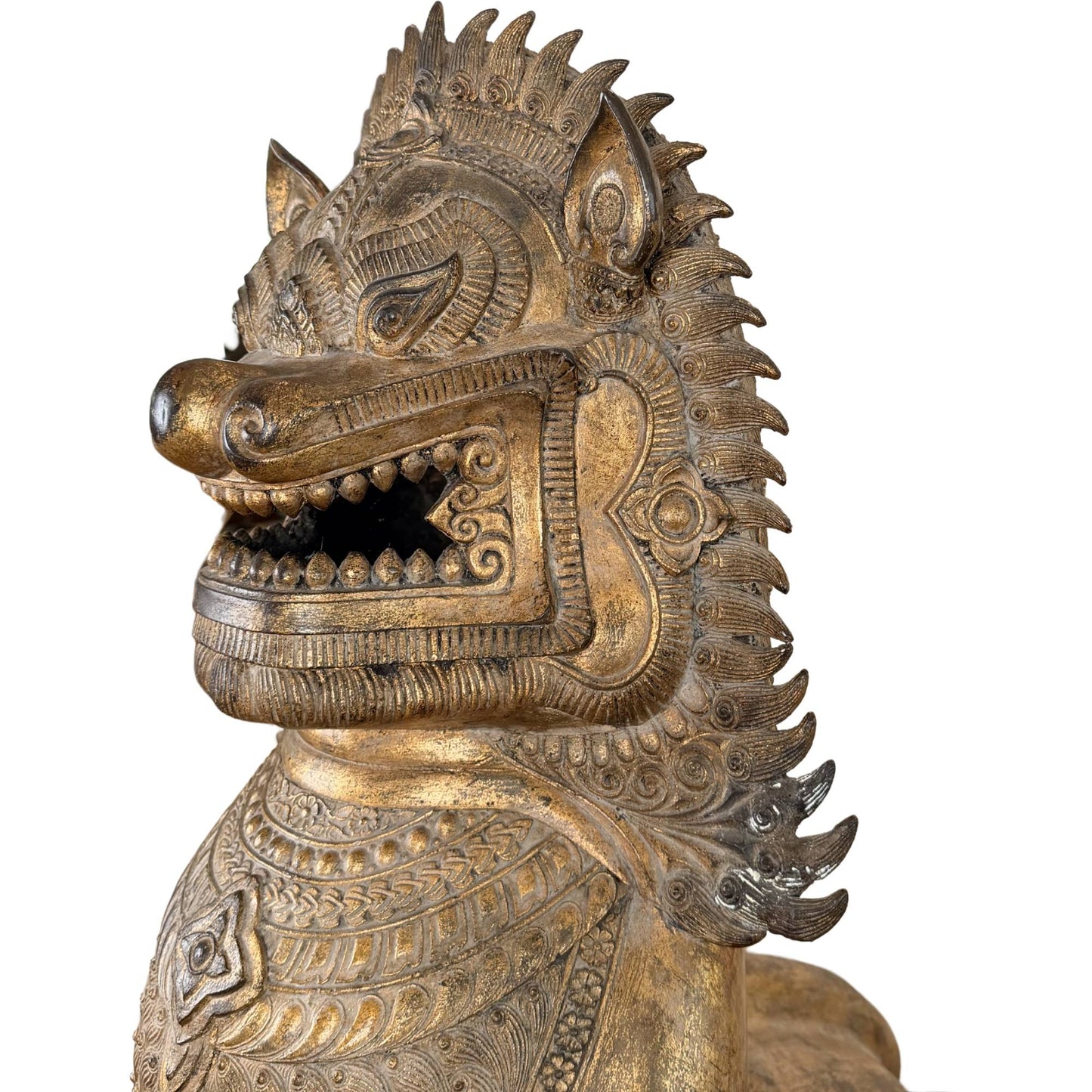 Thailand Singha lion with old patina, richly gilded temple guardian from the Buddhist tradition