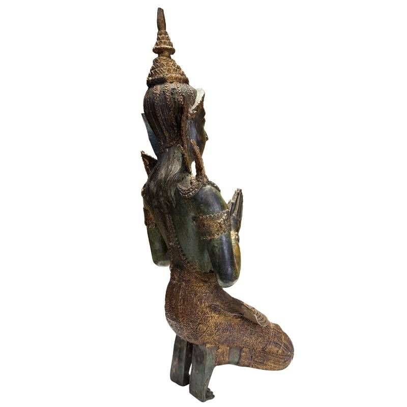 Kneeling Thai bronze temple guardian from the 19th century with an authentic appearance